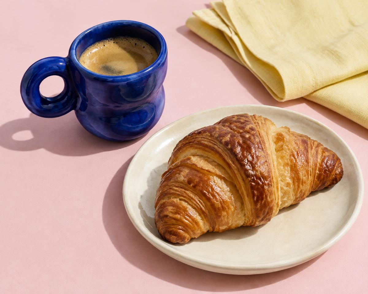 Illustrative studio study of a blue coffee cup and croissant on a pink surface